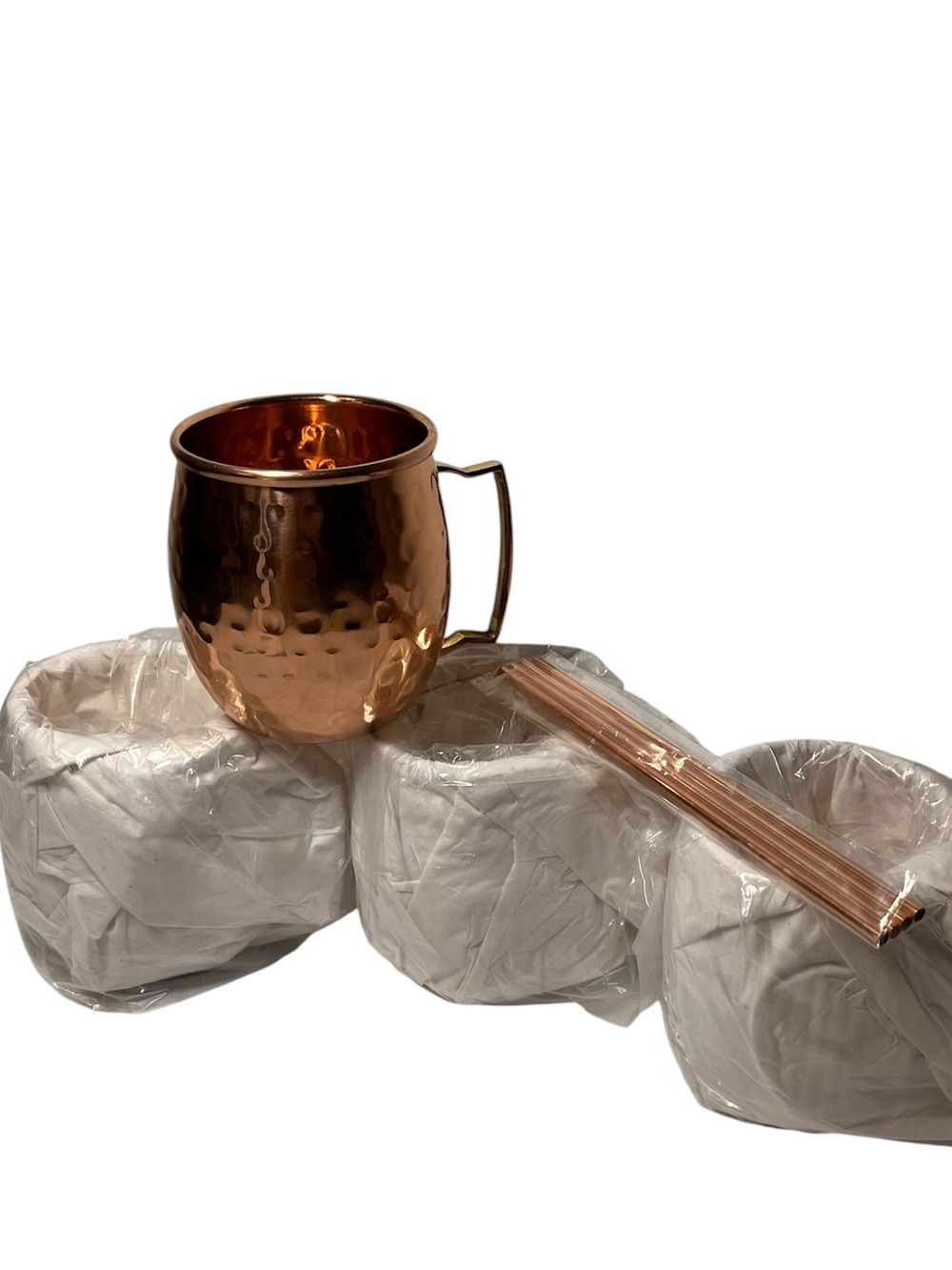 New 4 Hammered Copper Moscow Mule Mug Set + Copper Straws & brass handle
